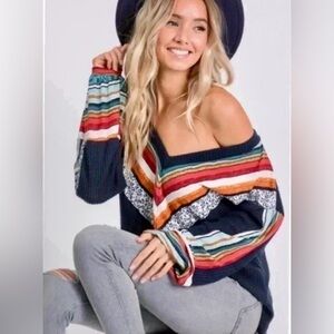 Brushed Waffle V neck Color Block animal print Tunic size Small